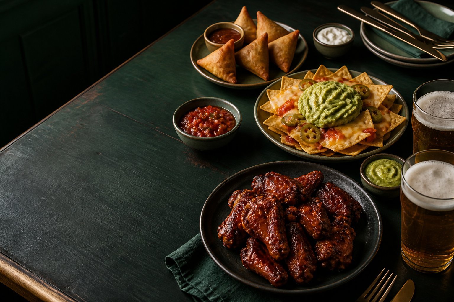 A table of wings, nachos, samosas and craft beer